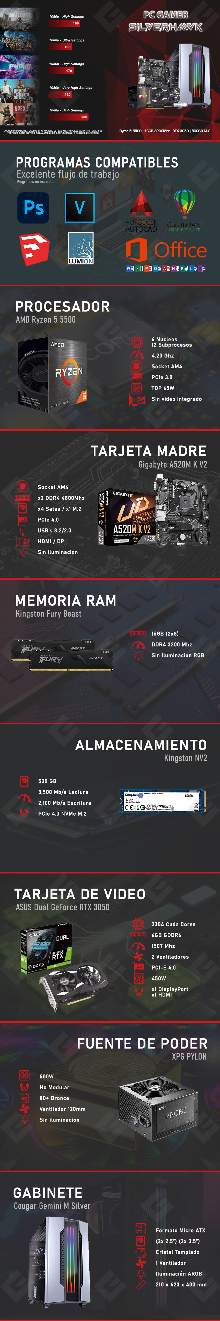 PC Gamer Silverhawk | Ryzen 5 5500 | RTX 3050 | 16GB 3200Mhz | 500GB NVMe M.2