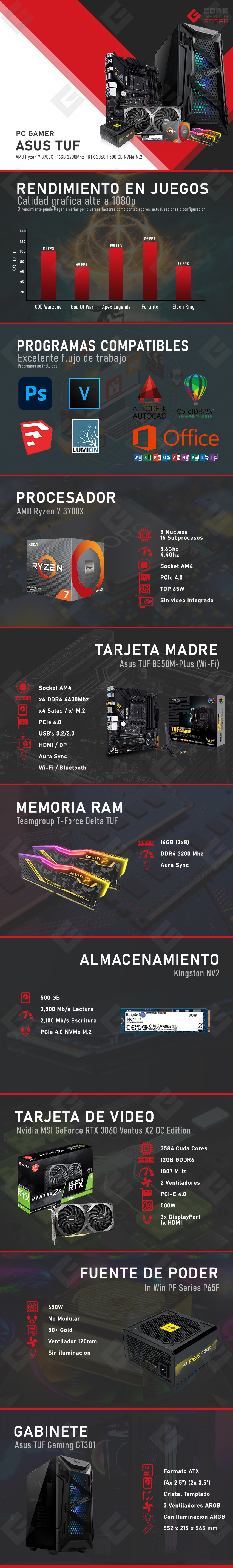 PC Gamer Asus TUF | AMD Ryzen 7 3700X | 16GB 3200Mhz | RTX 2060 | 500GB NVMe M.2