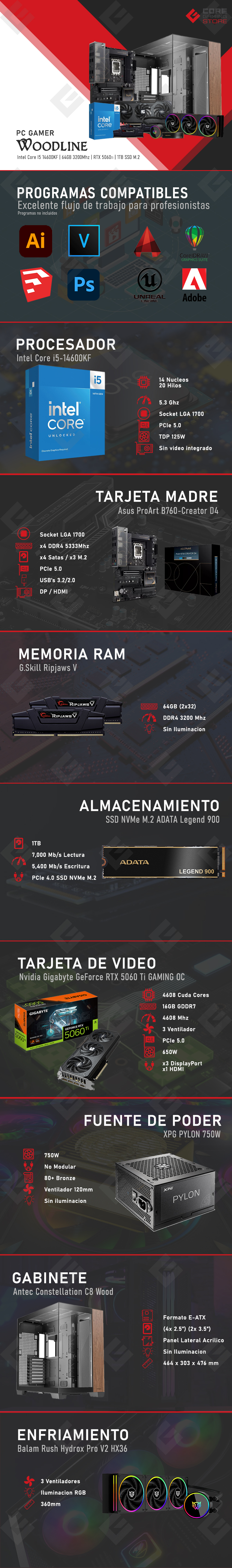 PC Gamer Woodline Pro | Intel i5 14600KF | Nvidia RTX 5060 TI 16GB | 64GB DDR4 | SSD M.2 1TB | ProArt B760