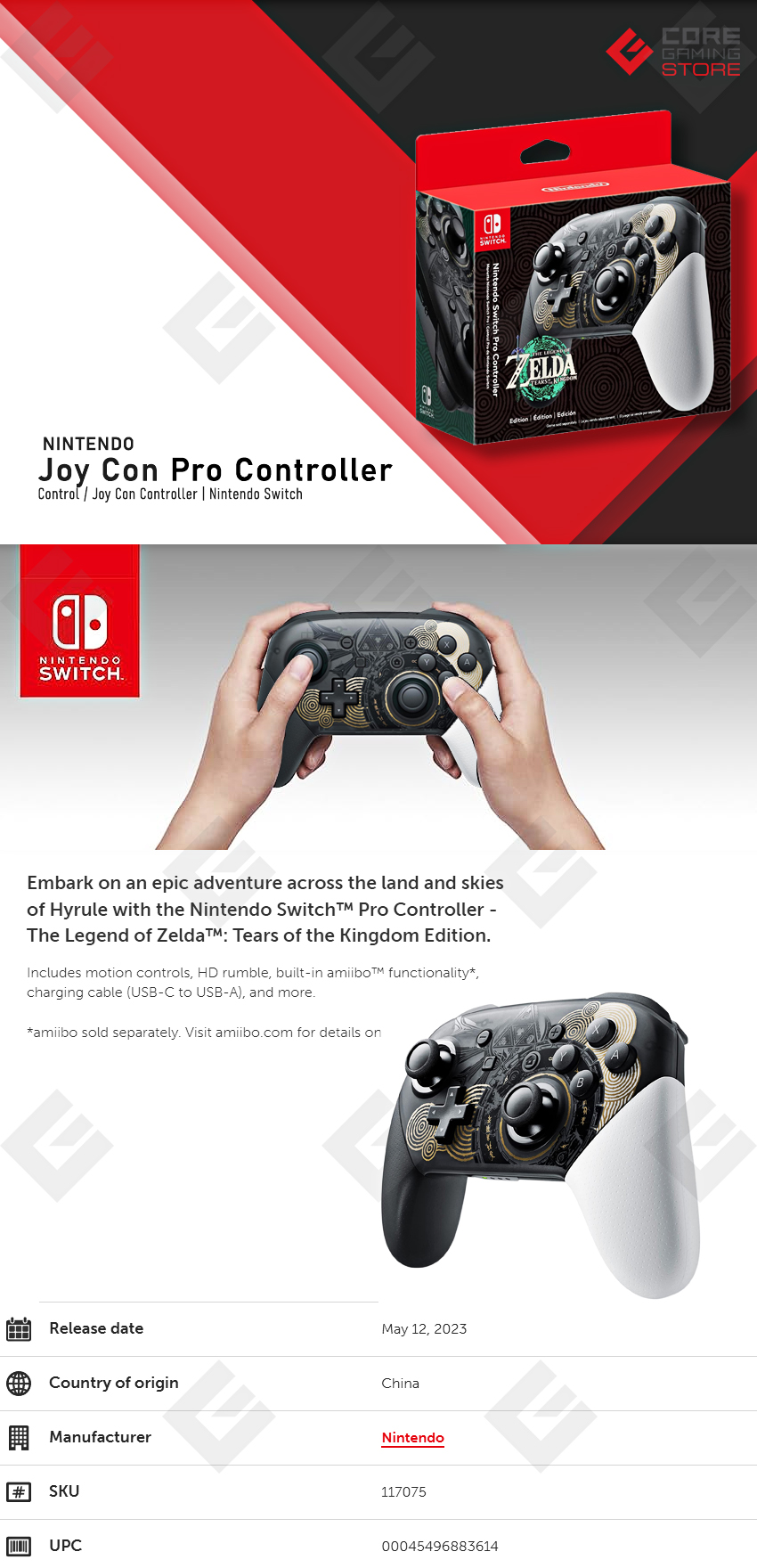 Nintendo Switch Pro Controller - The Legend Of Zelda: Tears Of The Kingdom Edition - 00045496883614