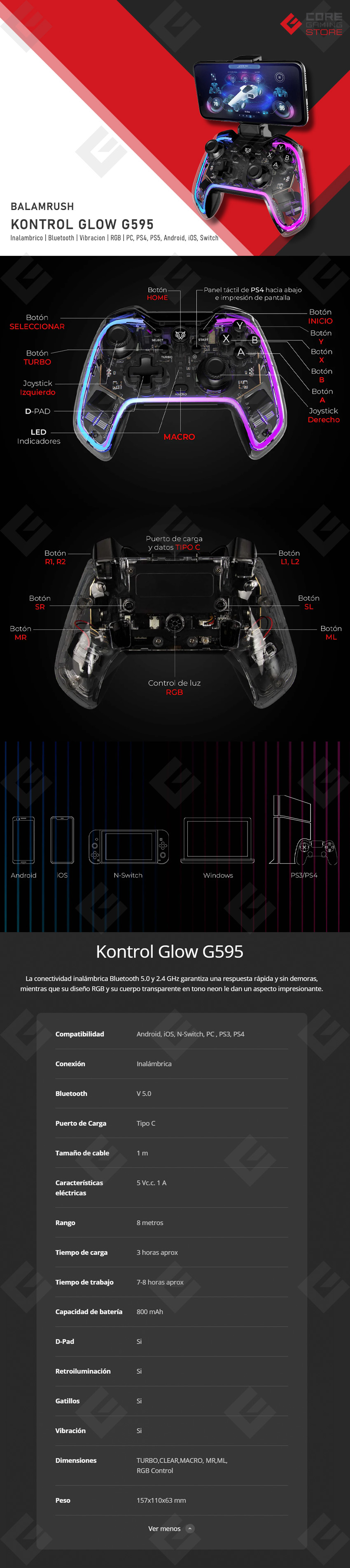 Control Inalámbrico BalamRush Kontrol Glow G595, Bluetooth, RGB, Botones Programables, PC, PS5, PS4, Android, iOS, Switch - BR-939610