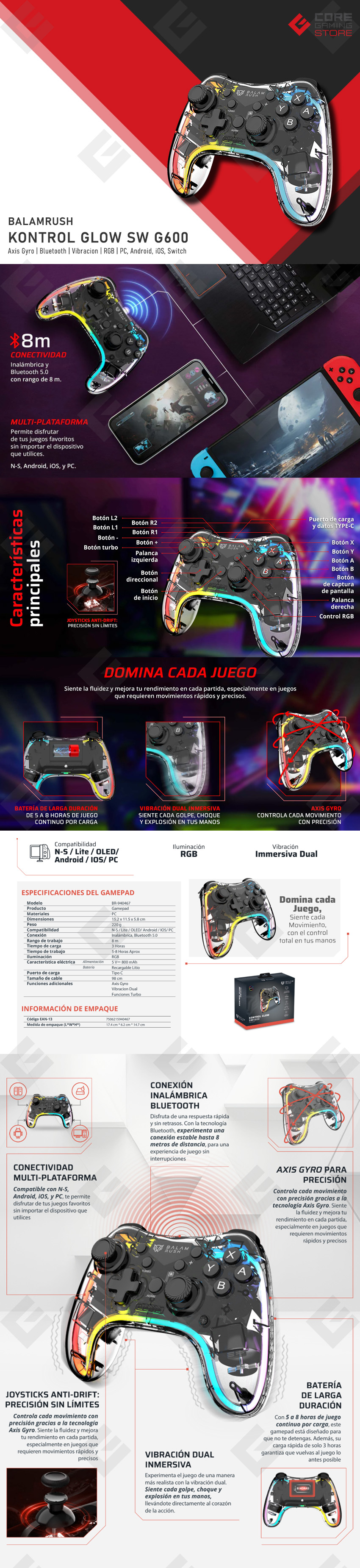 Control Inalámbrico Balam Rush Kontrol Glow SW G600, Bluetooth, RGB, Botones Programables, Gyro,  PC, Android, iOS, Switch - BR-940467