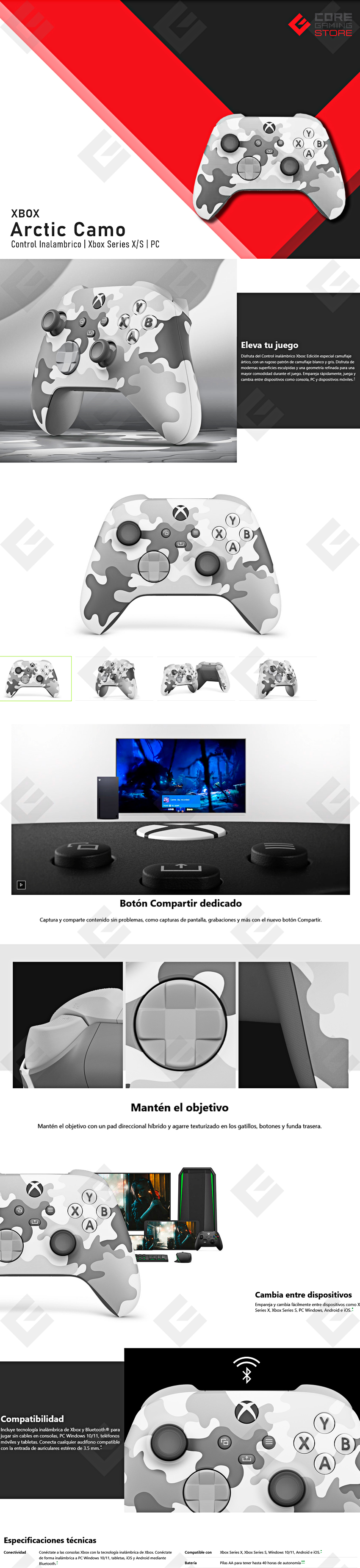 Control Inalámbrico Xbox Arctic Camo Gray, Series X/S, Xbox One, PC, Android, iOS
