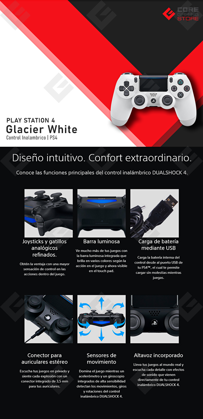 Control Inalámbrico Dualshock 4 Glacier White, Play Station 4, PS4