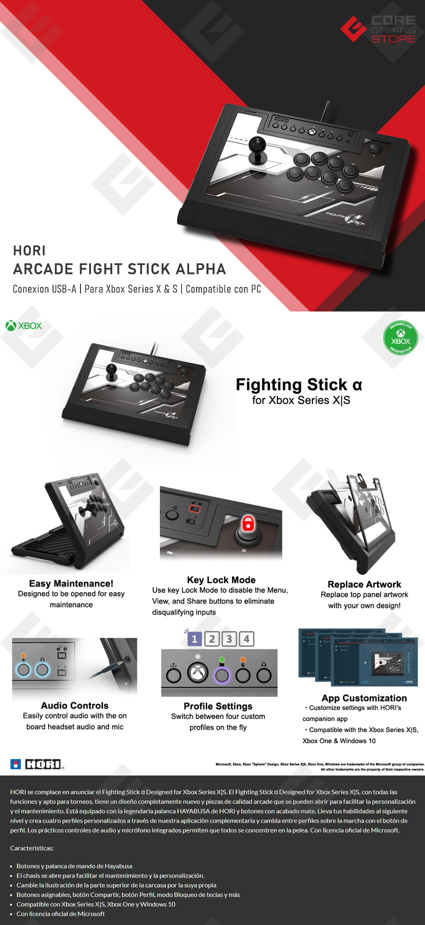 Control HORI Arcade Fight Stick Alpha con Licencia Oficial para Xbox Series S, X y para Windows 10 | 11