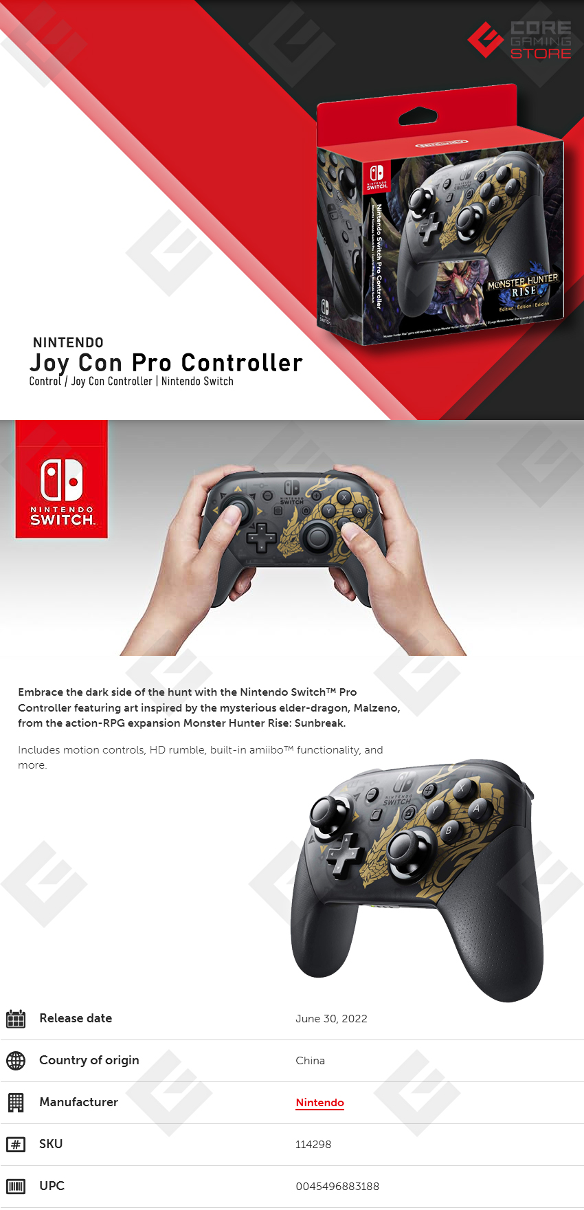 Nintendo Switch Pro Controller - Monster Hunter Rise Edition Gris/Dorado -  HACAFSSKN