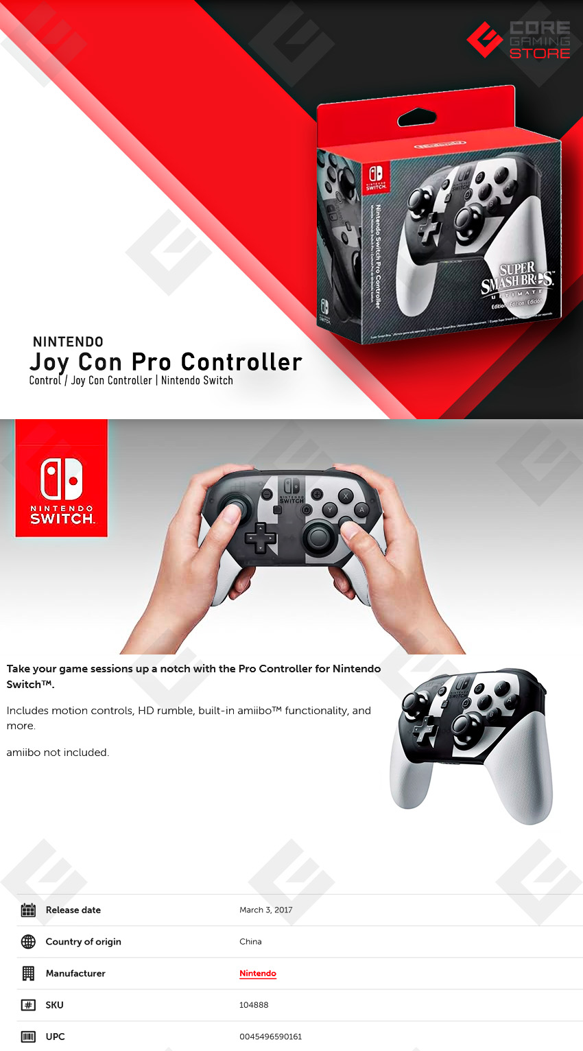 Nintendo Switch Pro Controller, Super Smash Bros Ultimate Edition Negro/Blanco - 2513466