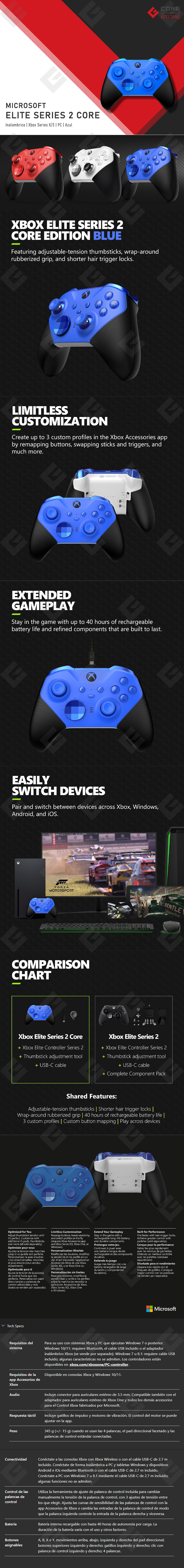 Control Inalámbrico Xbox Elite Series 2 Core, Series X/S, Xbox One, PC, Android, iOS, Azul