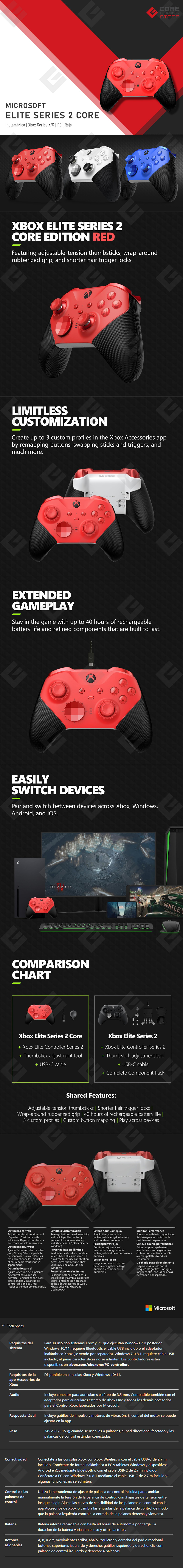 Control Inalámbrico Xbox Elite Series 2 Core, Series X/S, Xbox One, PC, Android, iOS, Rojo