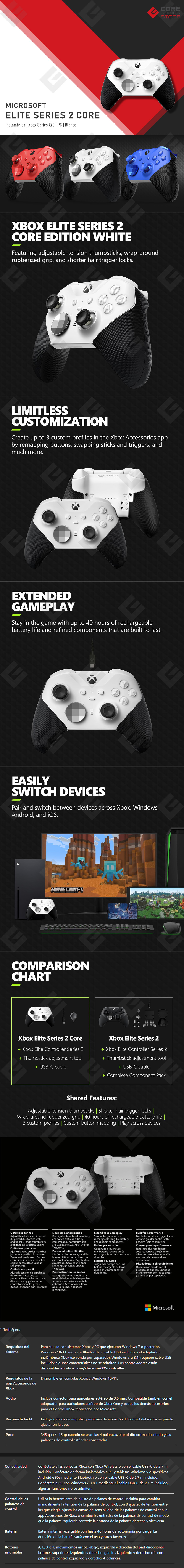 Control Inalámbrico Xbox Elite Series 2 Core, Series X/S, Xbox One, PC, Android, iOS, Blanco 