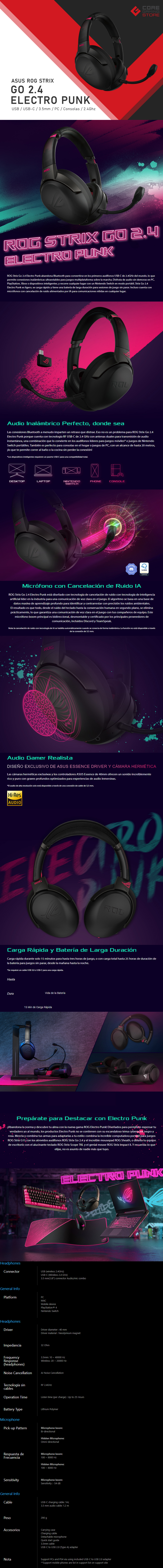 Diadema Asus ROG Strix Go 2.4 Electro Punk, Usb, Usb-c, 3.5mm, 2.4Ghz Wireless