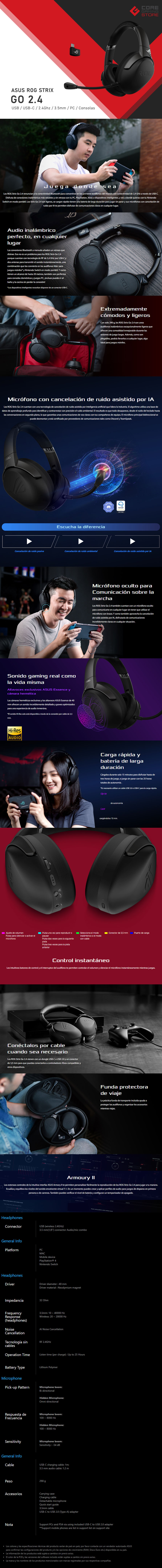 Diadema Asus ROG Strix Go 2.4, USB, USB-C, 3.5mm, 2.4Ghz, PC, Consolas, Móviles, Inalambrico