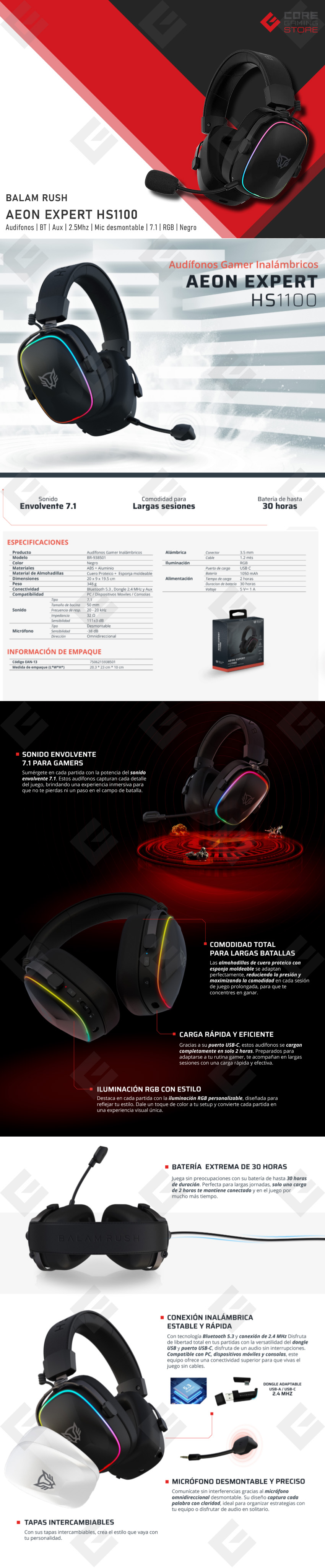 Diadema Gamer Balam Rush Aeon Expert HS1100, Inalámbrico, 3.5mm, Bluetooth, 2.4 MHz, Mic desmontable, Sonido 7.1, PC, Moviles, Consolas, RGB, Recargables, Negro - BR-938501