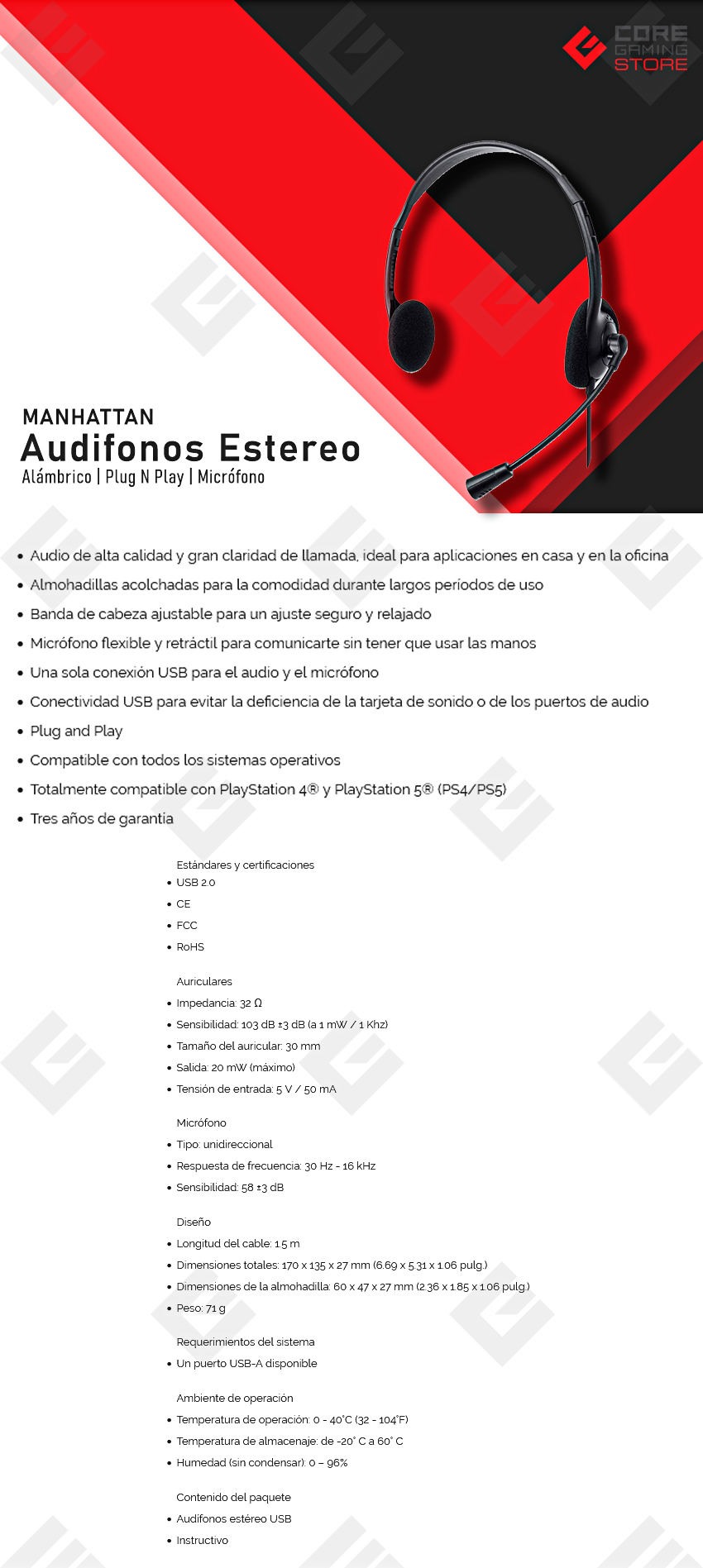 Diadema Manhattan Audifonos Estereo, Negro, Alámbrico, USB, PC / PS4 / PS5 - 179850  