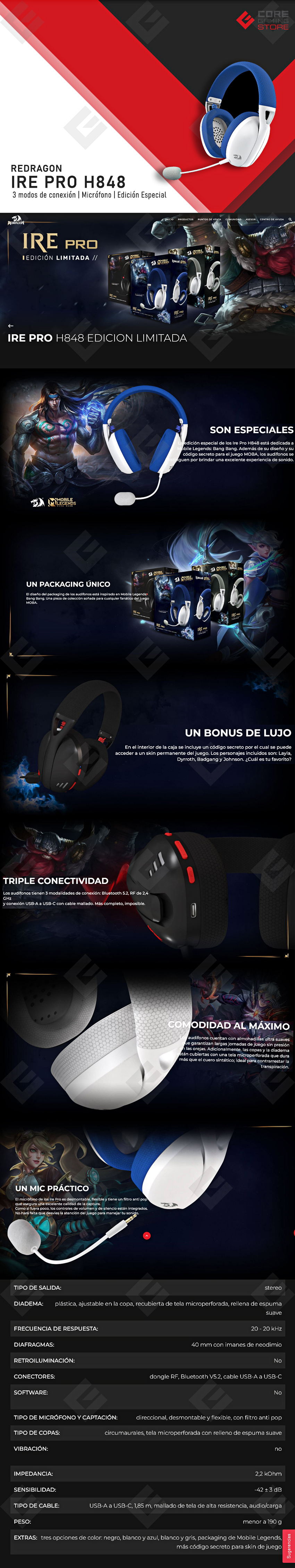 Diadema Gamer Redragon Ire Pro H848 Azul/Blanco | Edición Especial Mobile Legends | Alámbricos | Inalámbricos | Stereo USB | BT | PC | PS5 | Teléfono - H848MLWB 