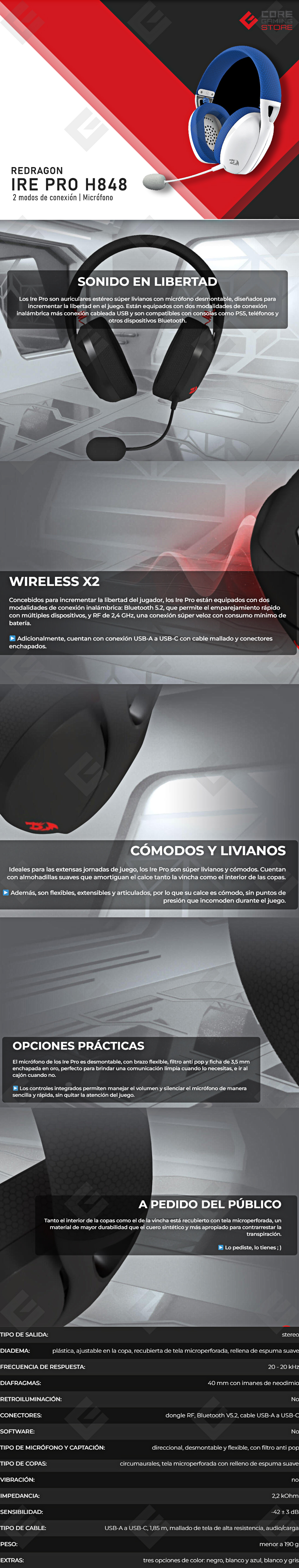 Diadema Gamer Redragon Ire Pro H848 Azul/Blanco, Alámbricos e Inalámbricos / Stereo / USB / BT / PC / PS5 / Teléfono