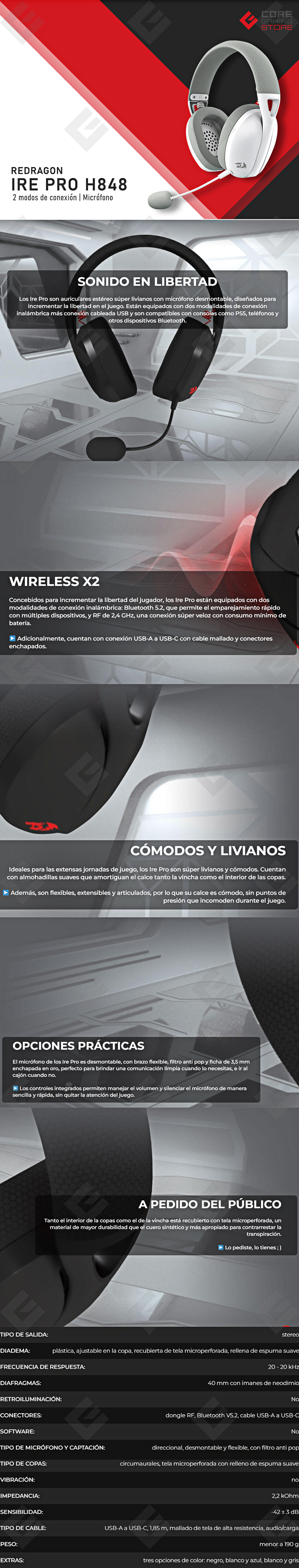 Diadema Gamer Redragon Ire Pro H848 Gris/Blanco, Alámbricos e Inalámbricos / Stereo / USB / BT / PC / PS5 / Teléfono