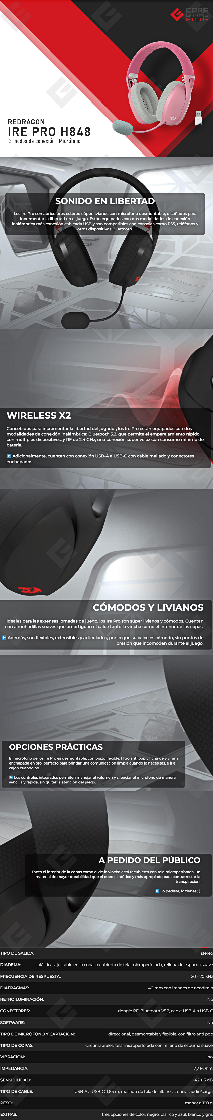 Diadema Gamer Redragon Ire Pro H848 Pink | Alámbricos | Inalámbricos | Stereo USB | BT | PC | PS5 | Teléfono - H848PK 