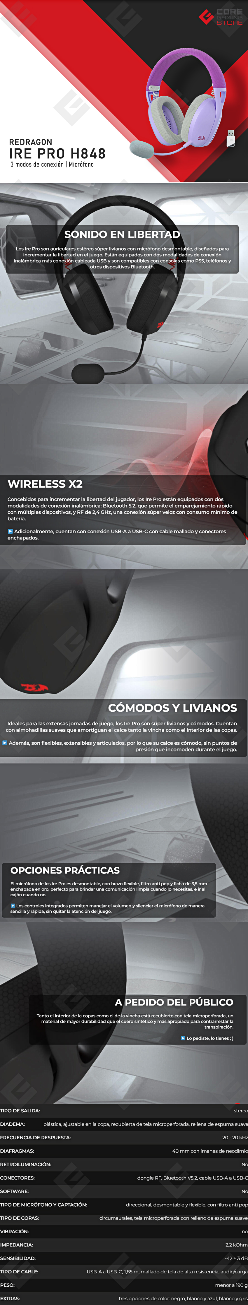 Diadema Gamer Redragon Ire Pro H848 Purple | Alámbricos | Inalámbricos | Stereo USB | BT | PC | PS5 | Teléfono - H848PL 