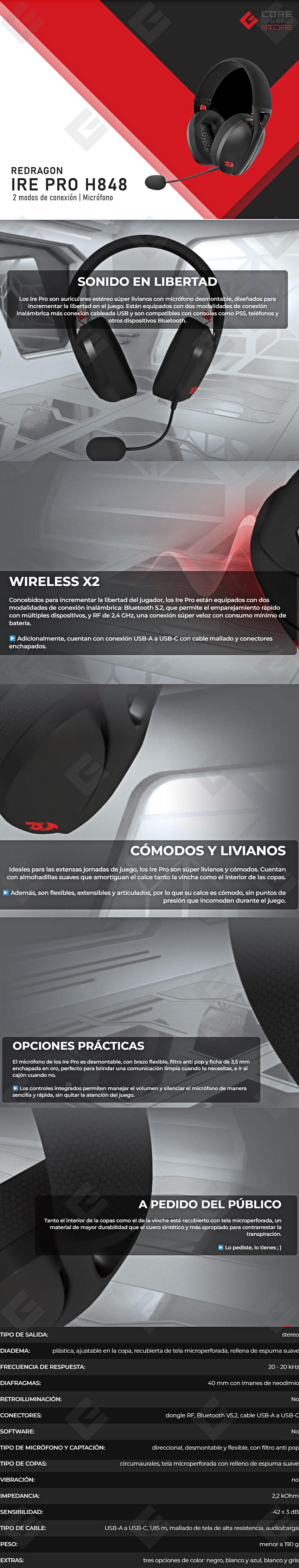 Diadema Gamer Redragon Ire Pro H848 Black,  Alámbricos e Inalámbricos / Stereo / USB / BT / PC /  PS5 / Teléfono       