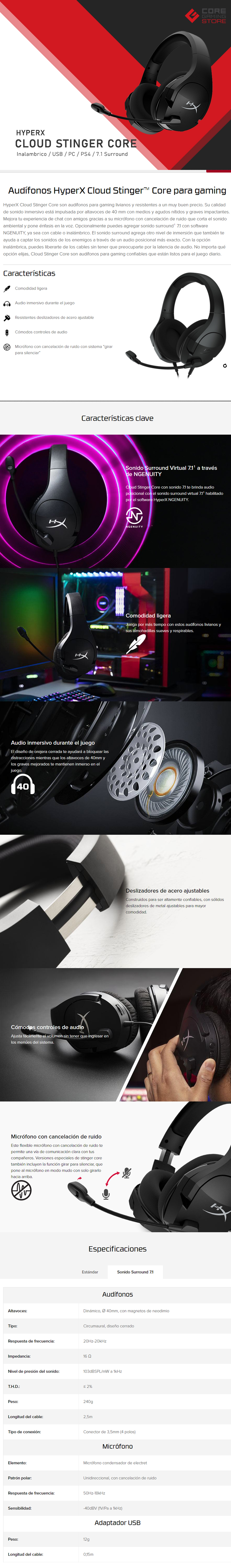 Auriculares gamer inalámbricos HyperX Cloud Stinger Core Wireless + 7.1  HHSS1C-BA negro