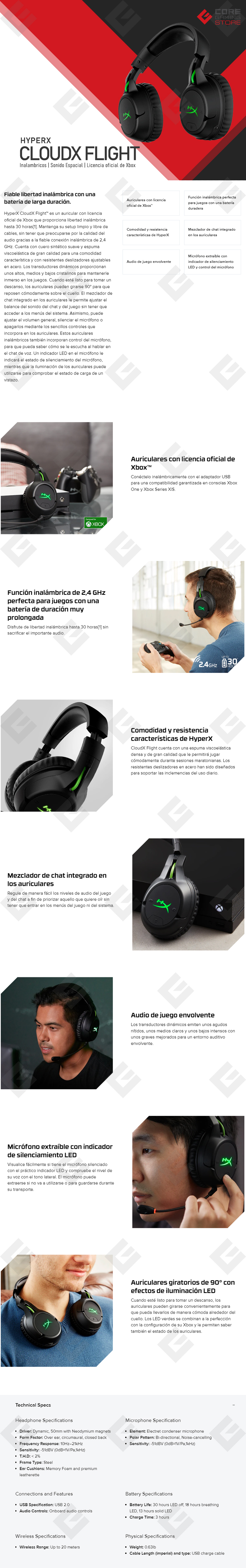 Diadema HyperX CloudX Flight Inalámbrico, Xbox, Sonido Envolvente / USB / Xbox Series X|S / Xbox One - 4P5J6AA