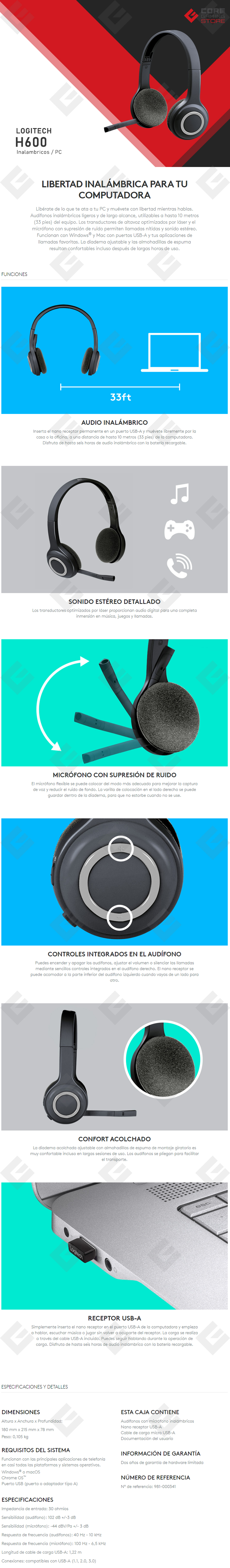 Diadema Logitech H600, Inalámbrico, USB, PC