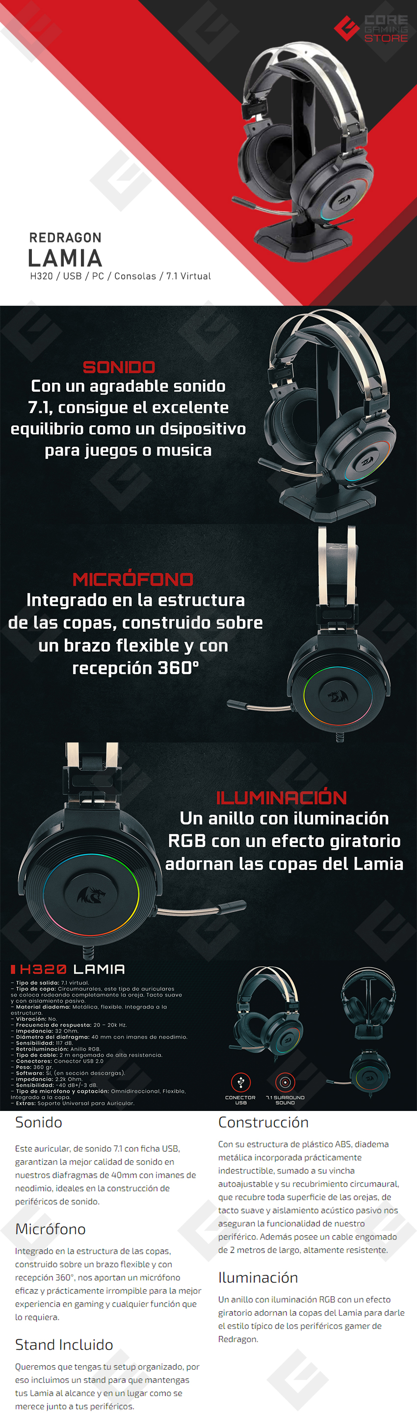 Diadema Gamer Redragon Lamia H320, USB, 7.1 Virtual, Headset Stand Incluido, PC / PS3 / PS4