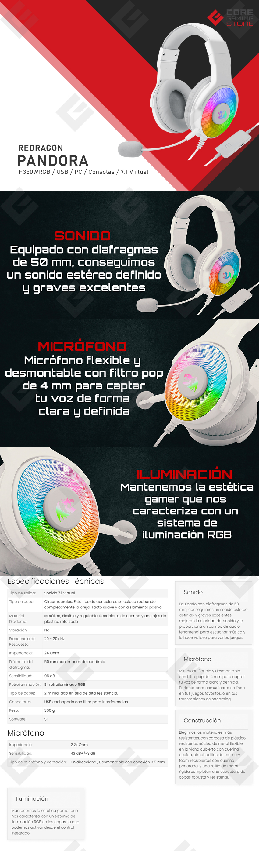 Diadema Gamer Redragon Pandora 2 White RGB, Alámbrico / 3.5mm / PC / Nintendo Switch / Xbox / PS5 - H350W-RGB-1