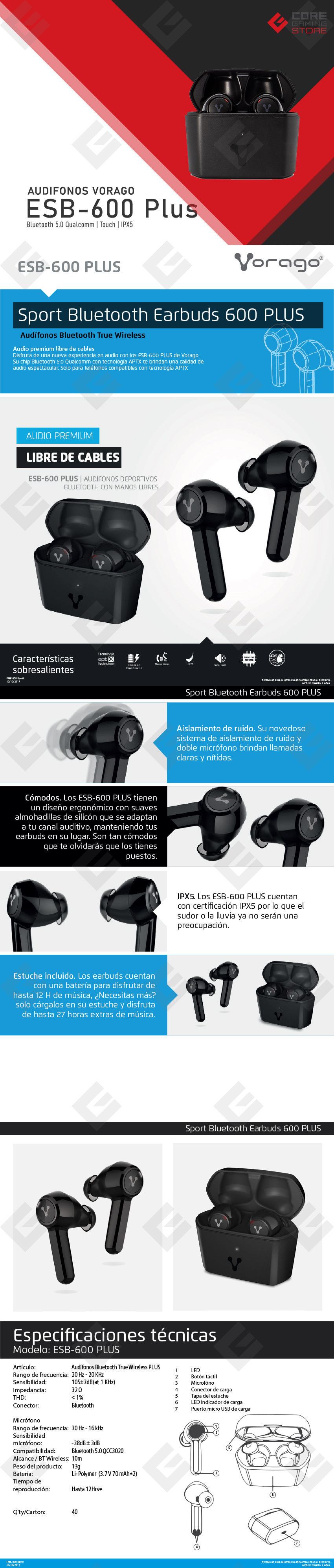 Audifonos Vorago ESB-600 PLUS | Bluetooth 5.0 Qualcomm | TWS | IPX5 | Estuche de carga