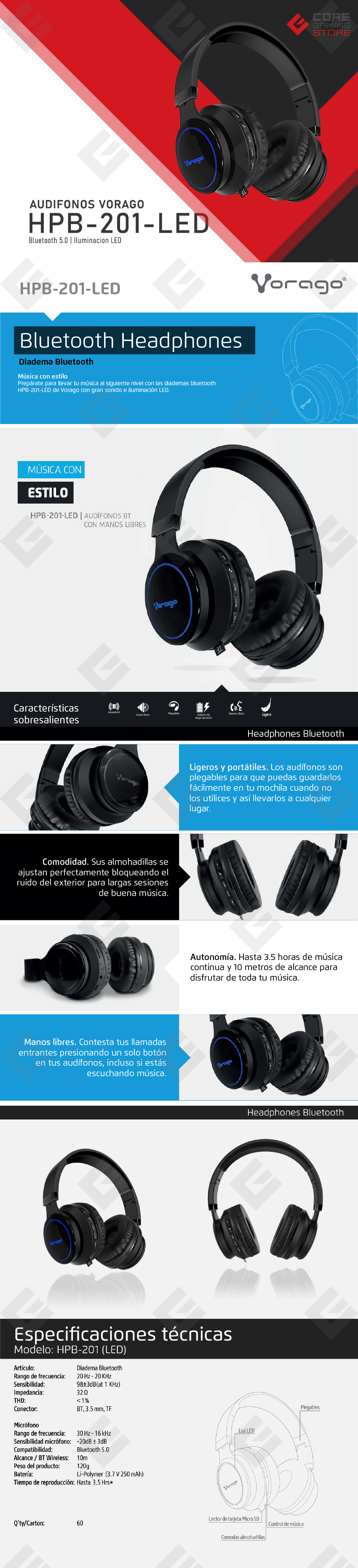 Audifonos Vorago HPB-201-LED | Bluetooth 5.0 | 3.5mm | Manos libres