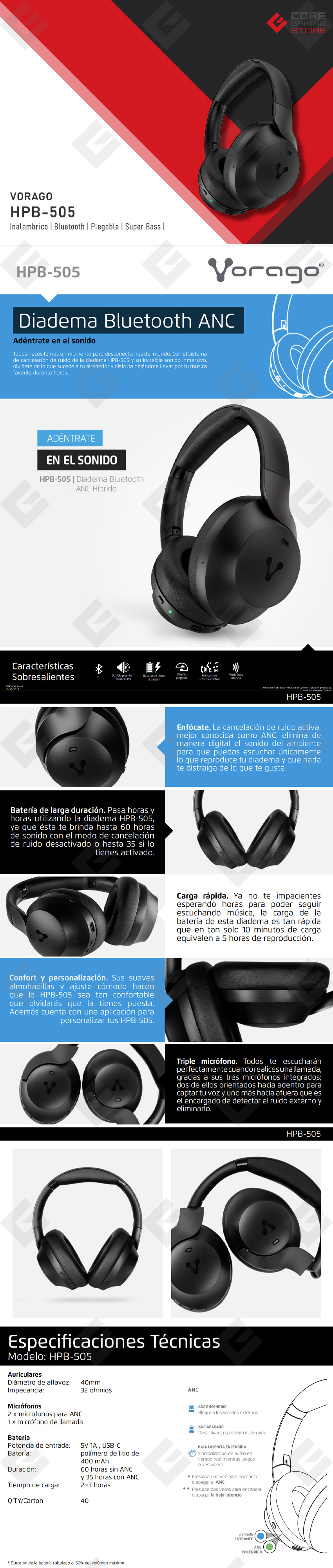 Diadema Vorago HPB-505, Inalámbrico, Super Bass, Bluetooth, ANC Cancelacion de ruido  - HPB-505