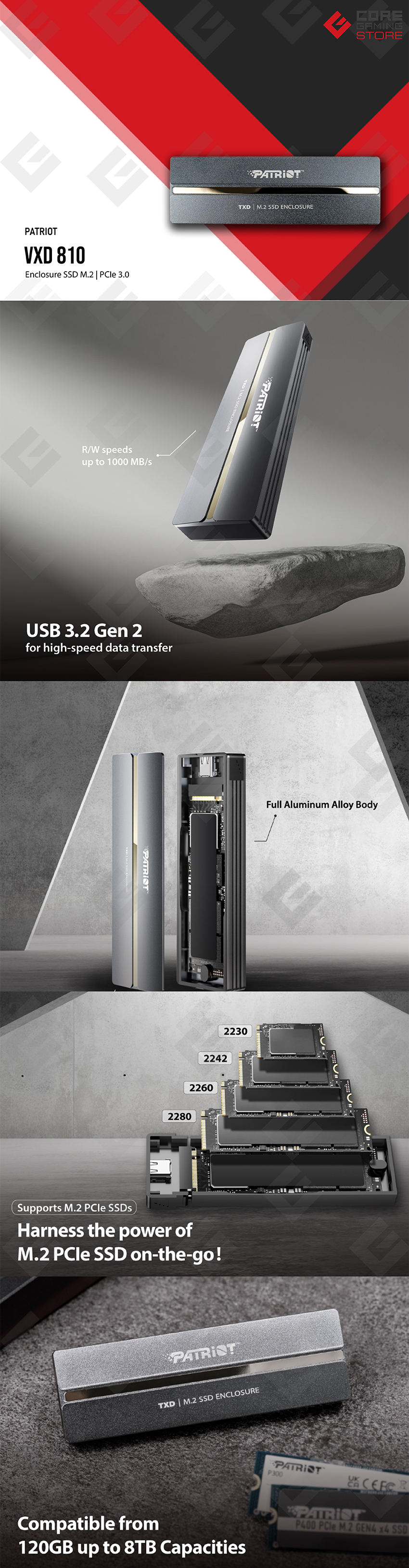 Gabinete Externo Patriot TXD para SSD M.2 NVMe, USB 3.2 Gen2, Hasta 1000 MB/s, Compatible con Formatos 2230/2242/2260/2280 - PV810UPNGM
