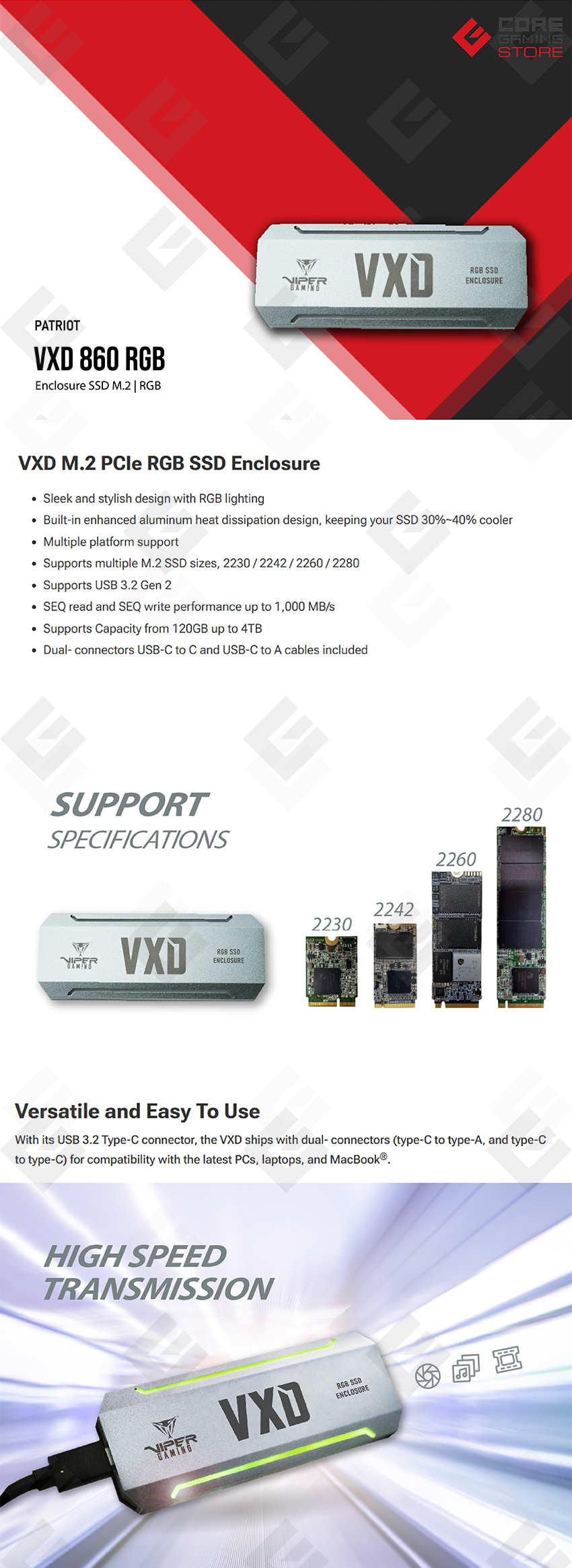 Gabinete Externo Patriot VXD para SSD M.2 NVMe, USB 3.2 Gen2, RGB, Hasta 1000 MB/s, Compatible con Formatos 2230/2242/2260/2280 - PV860UPRGM