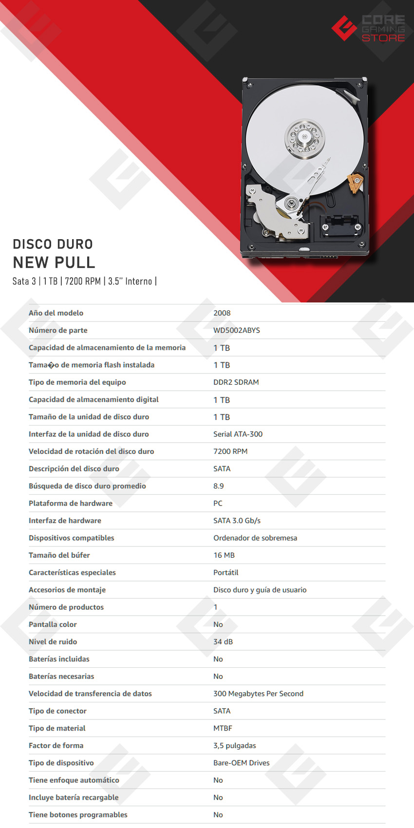 Disco Duro Western Digital 1TB SATA 3.5", HDD - WD10EURX-63UY4Y0