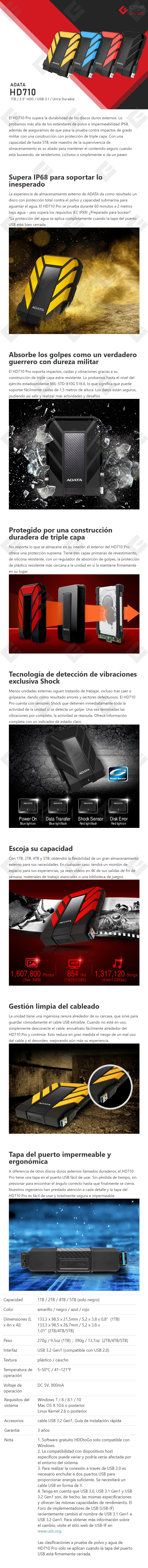 Disco Duro Externo Adata HD710 Pro, 1TB, Negro, USB 3.2, Resistente a golpes, agua y polvo, certificación grado militar / PC / PS5 / Xbox X l S