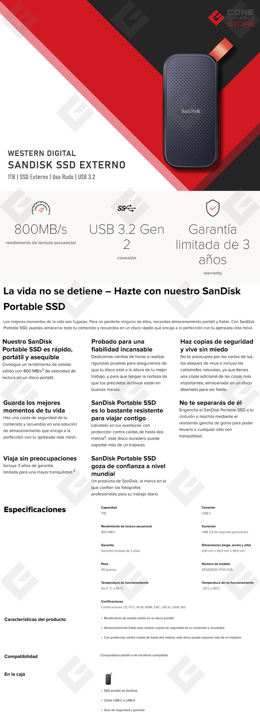 SSD Externo Western Digital SanDisk Extreme, 1TB, USB-C, 800 / 800 MB/s, SSD de Uso Rudo - SDSSDE30-1T00-G26