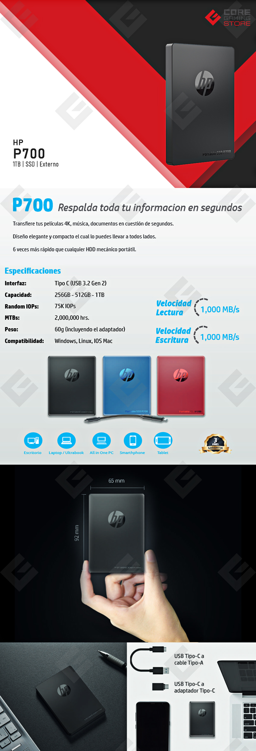 SSD Externo HP P700 Black 1TB, SB Tipo-C 3.1 Gen2 , 1,000 / 1,000 MB/s Velocidad extrema - 5MS30AA#ABC