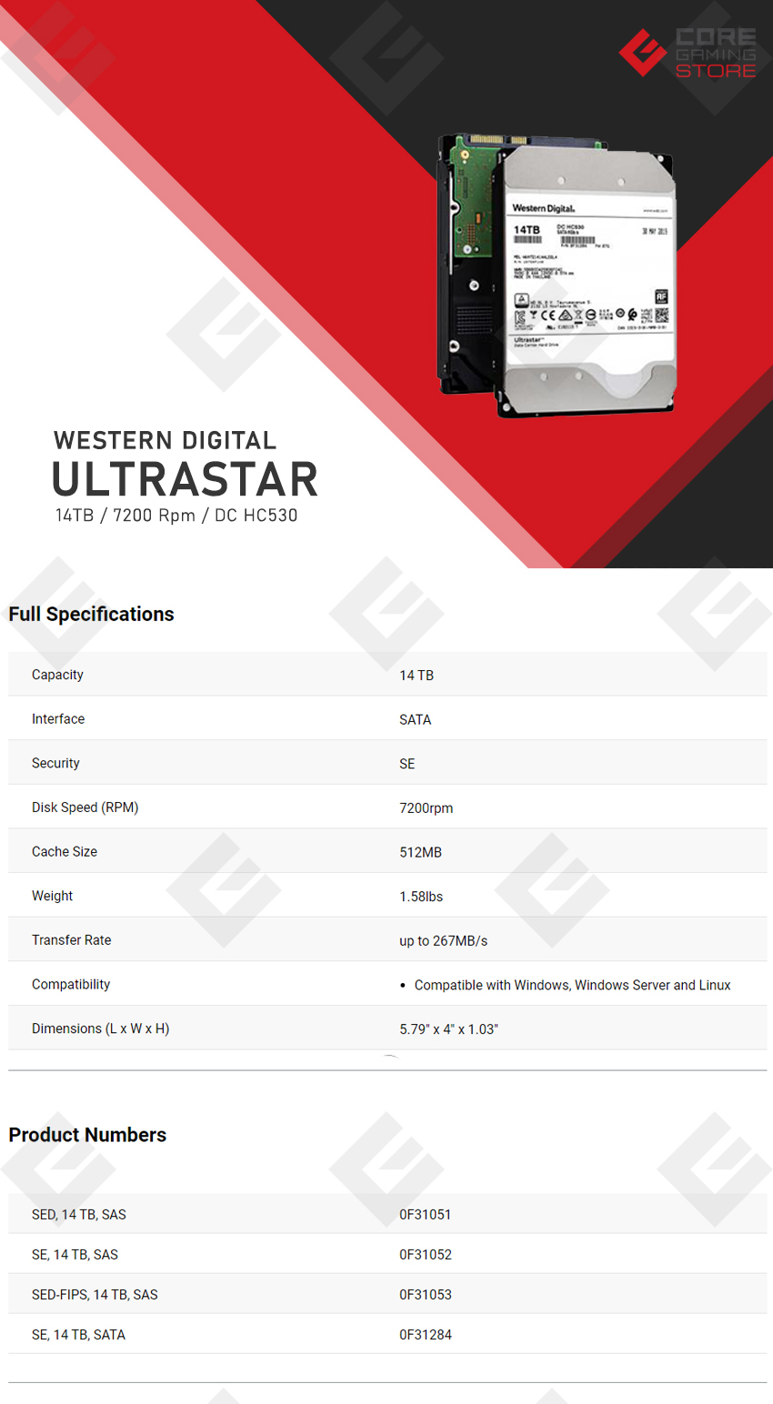 Disco Duro Western Digital Ultra Star DC HC530 14TB SATA 3.5", HDD, WUH721414ALE604