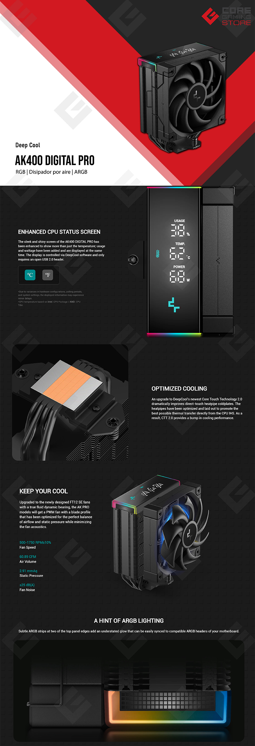 Disipador para CPU DeepCool AK400 Digital Pro | 120mm | 1 ventilador | ARGB | 25 dBA | 500~1750 RPM | Torre Simple | Pantalla LCD | Soporte Universal - R-AK400-BKAPMN-G