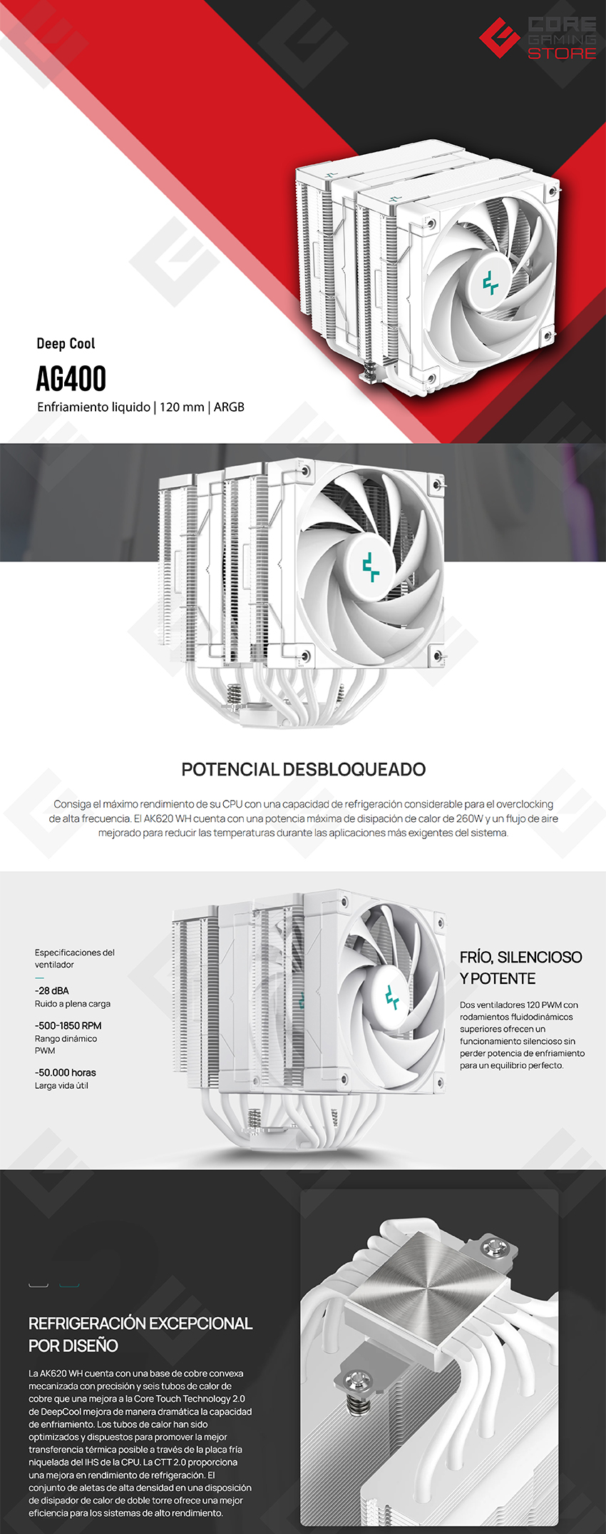 Disipador para CPU DeepCool AK620 WH | 120mm | 2 ventiladores | ≤28 dBA | 500~1850 RPM | Doble Torre | Soporte Universal - R-AK620-WHNNMT-G-1