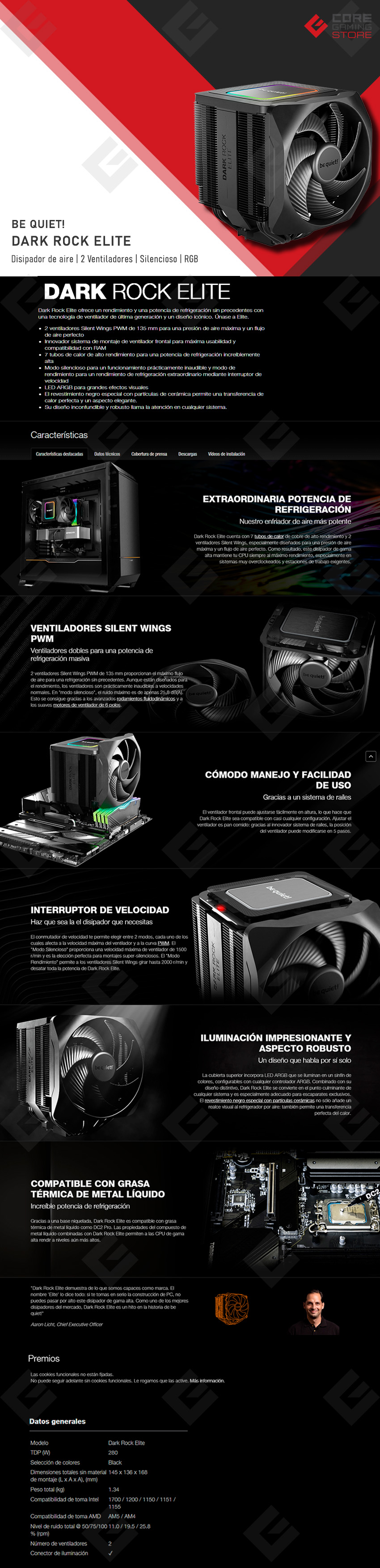 Disipador para CPU Be Quiet! Dark Rock Elite, Silencioso, RGB, Negro, AM4, AM5, LGA1200, LGA1700 - BK037