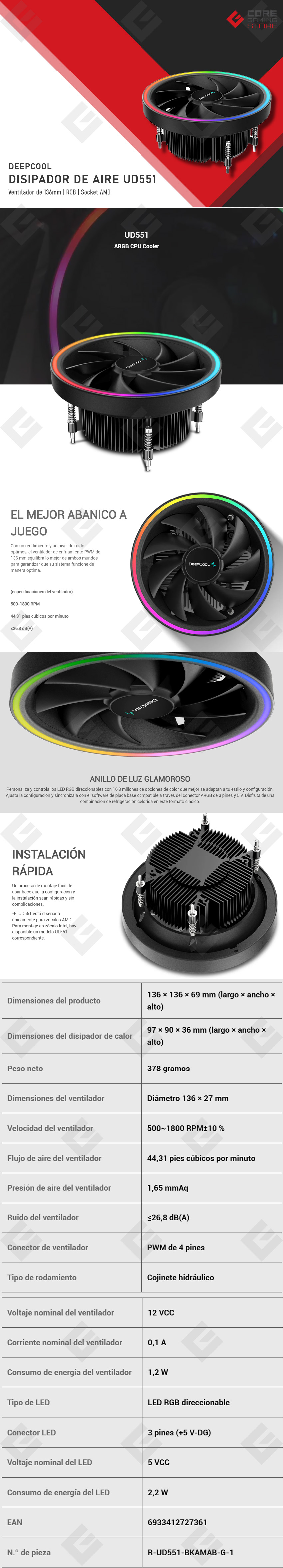 Disipador para CPU DeepCool UD551 ARGB, Negro, AM4 - R-UD551-BKAMAB-G-1