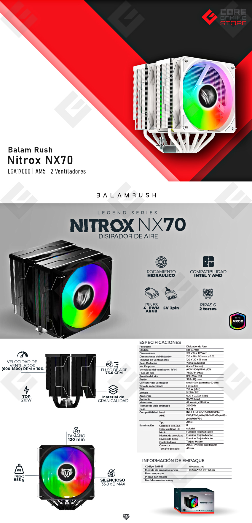 Disipador para CPU Balam Rush Nitrox NX70 | Blanco | 120mm | 2 ventiladores | ARGB | 33.8 dBA | 600~1800 RPM | Doble Torre | Soporte AM5 y LGA1700 - BR-937931