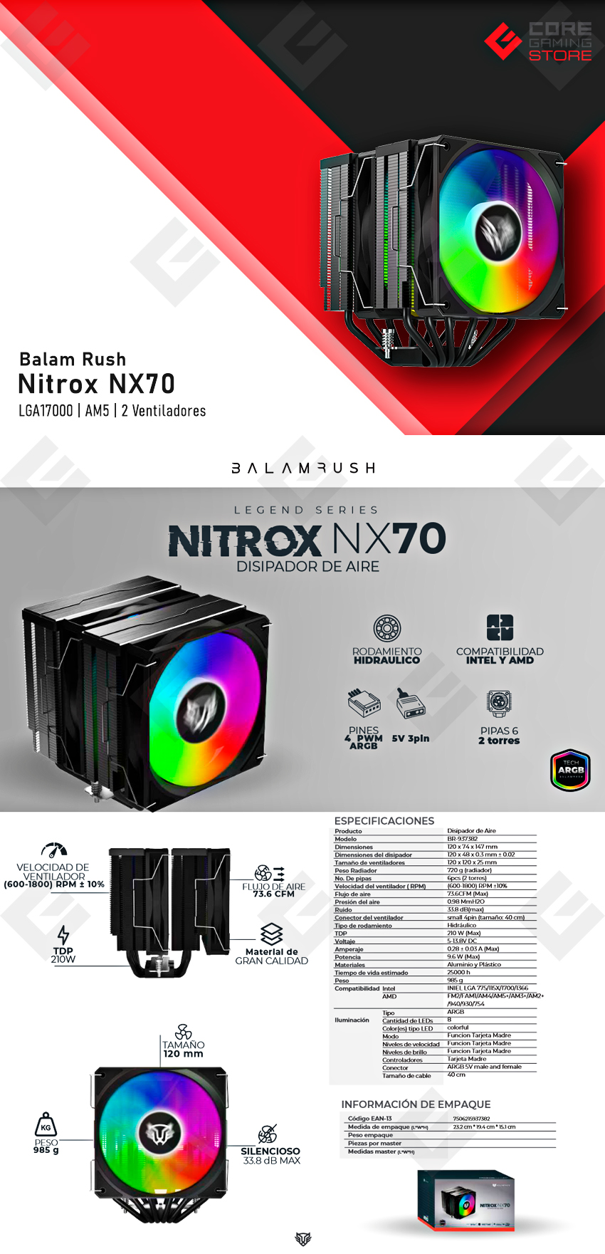 Disipador para CPU Balam Rush Nitrox NX70 | Negro | 120mm | 2 ventiladores | ARGB | 33.8 dBA | 600~1800 RPM | Doble Torre | Soporte AM5 y LGA1700 - BR-937382