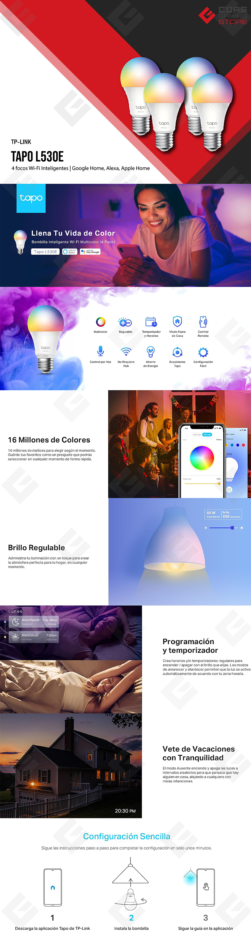 Foco Inteligente Wi-Fi TP-Link Tapo L530E (4-pack), Multicolor, Compatible con Google Home, Alexa, Apple Home - L530E-4-PACK