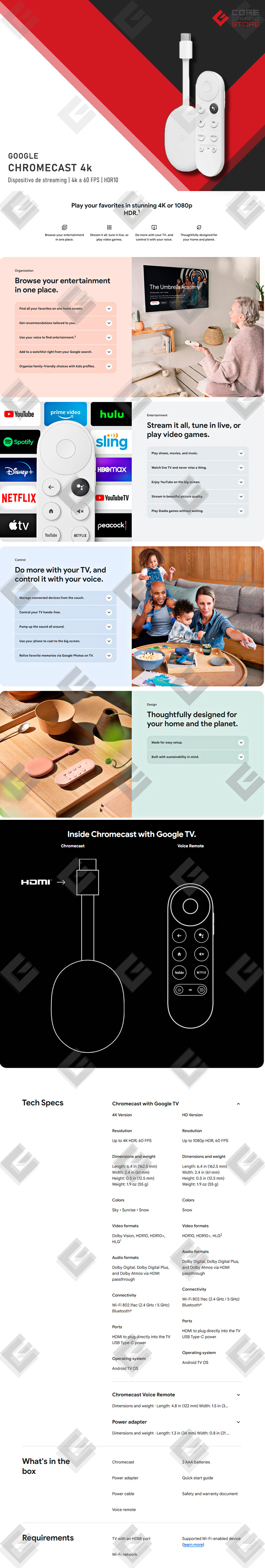 Google Chromecast con Google TV, Dispisitivo de Streaming 4K, Asistente de voz, Blanco - GA01919-US