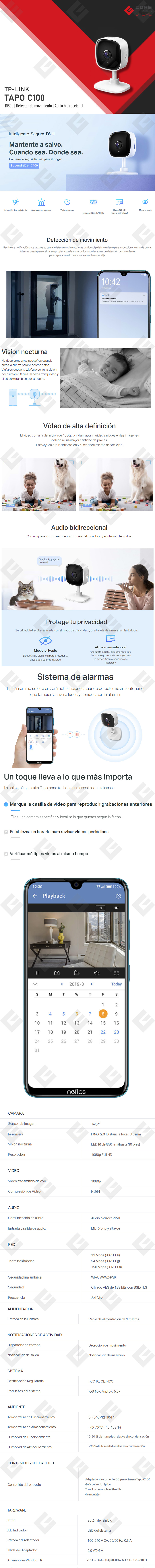 Cámara Wi-Fi de seguridad para interior TP-Link Tapo C100, 1080p, Detección de movimiento, Visión Nocturna, Audio bidireccional, Compatible con Alexa