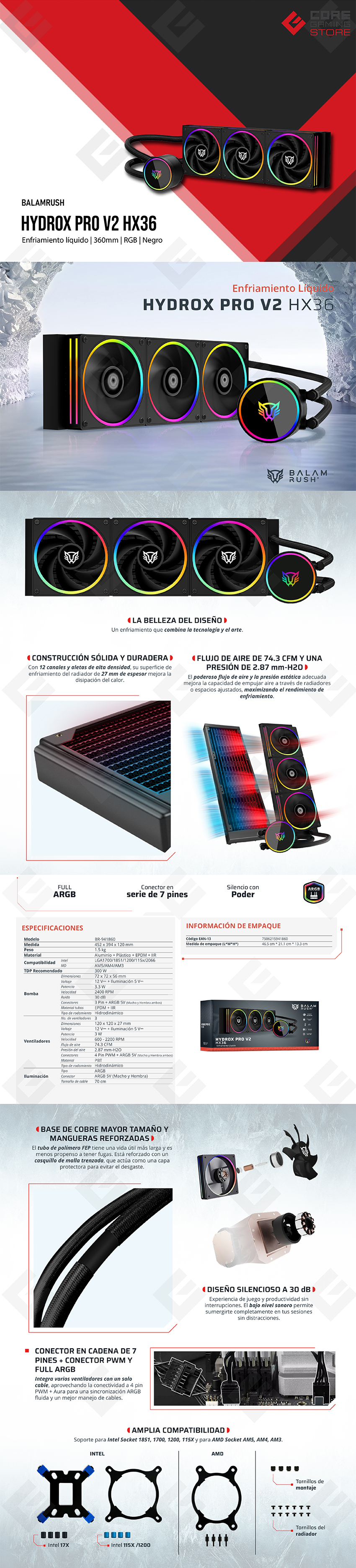Enfriamiento Líquido Balam Rush Hydrox Pro V2 HX36, 360mm, RGB, Negro - BR-941860