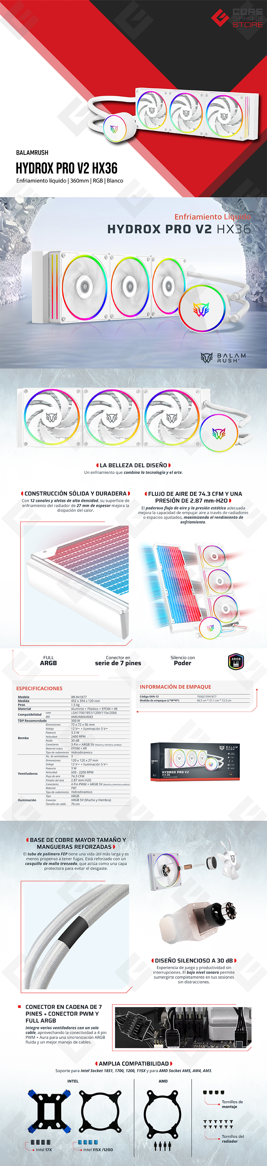 Enfriamiento Líquido Balam Rush Hydrox Pro V2 HX36, 360mm, 3 Ventiladores, RGB, Blanco - BR-941877
